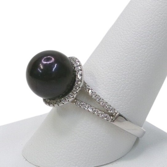 Vantel 925 Sterling Silver 11mm Black Pearl With Cz Surround Ring Size 11